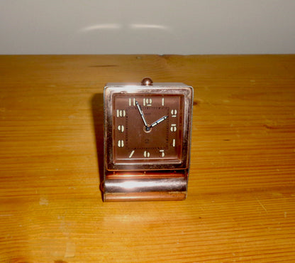 Vintage 2-Day Jaeger Swiss Travel Alarm Clock In A Copper Plated Metal Case
