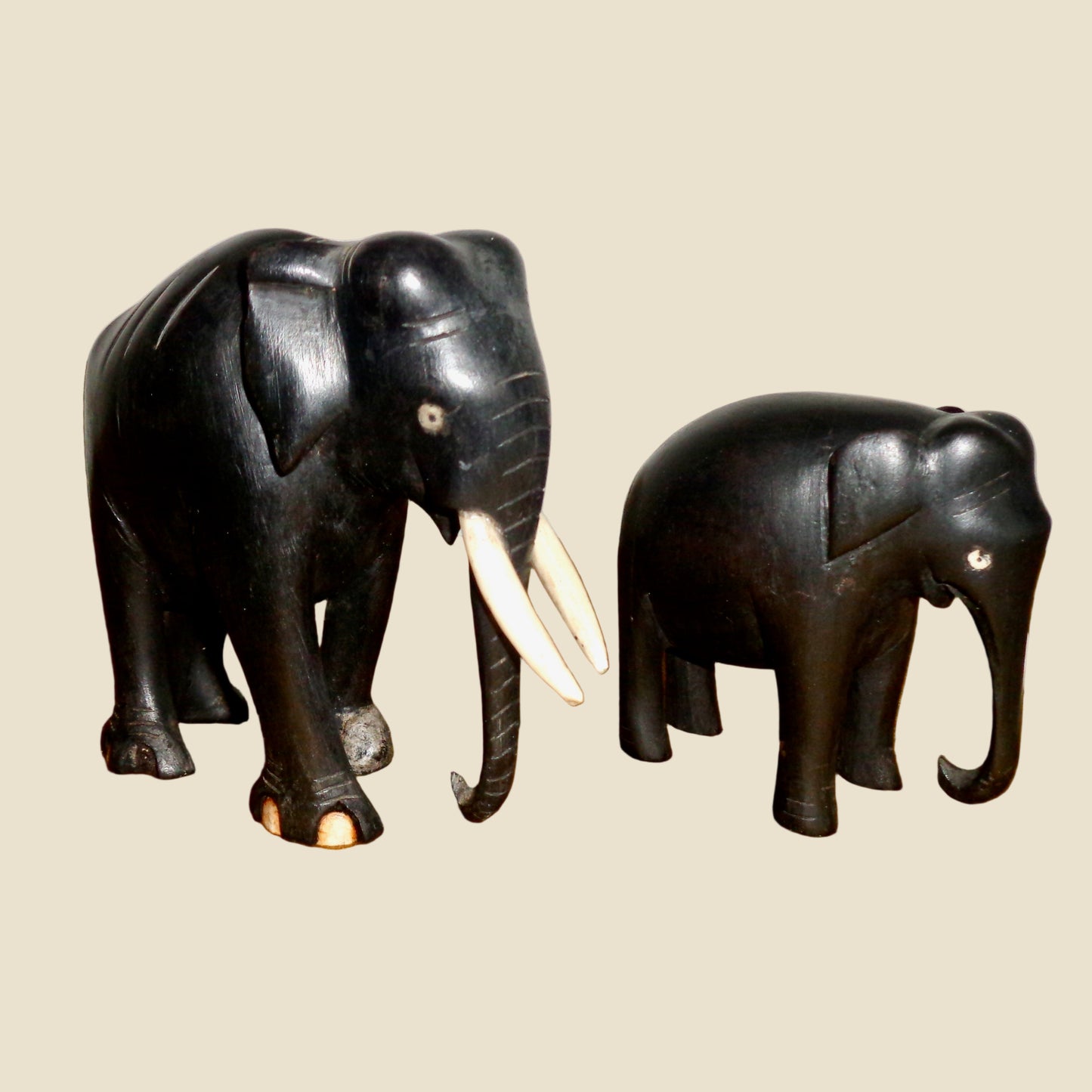 Vintage Hand Carved Hardwood Asian Elephant And Calf Figurines