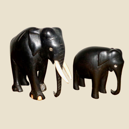 Vintage Hand Carved Hardwood Asian Elephant And Calf Figurines