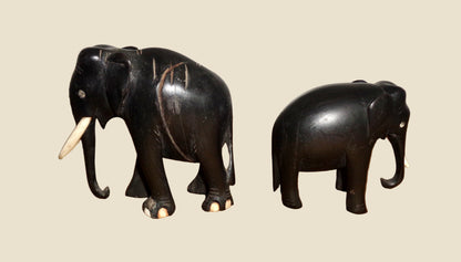 Vintage Hand Carved Hardwood Asian Elephant And Calf Figurines