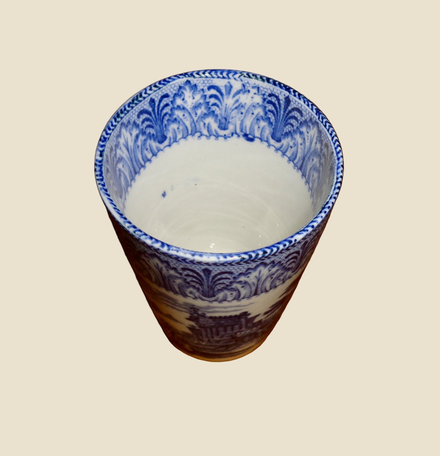 Vintage Cauldon Ware Triumphal Chariot Pottery Beaker With Blue And White Transfer Print