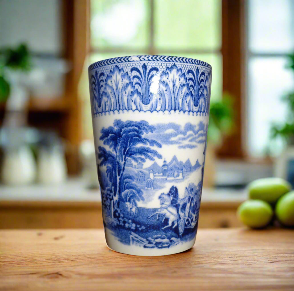 Vintage Cauldon Ware Triumphal Chariot Pottery Beaker With Blue And White Transfer Print