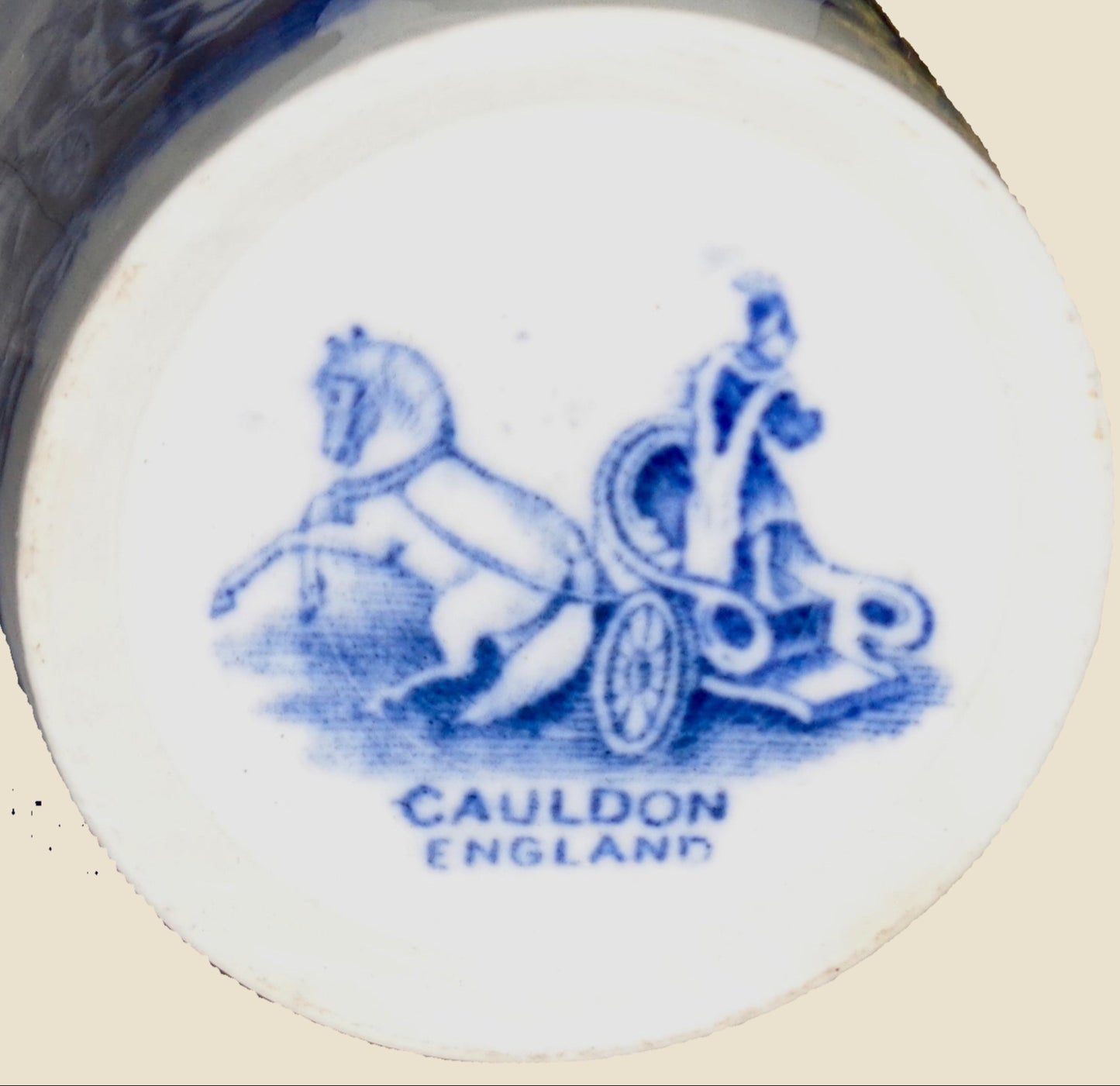 Vintage Cauldon Ware Triumphal Chariot Pottery Beaker With Blue And White Transfer Print