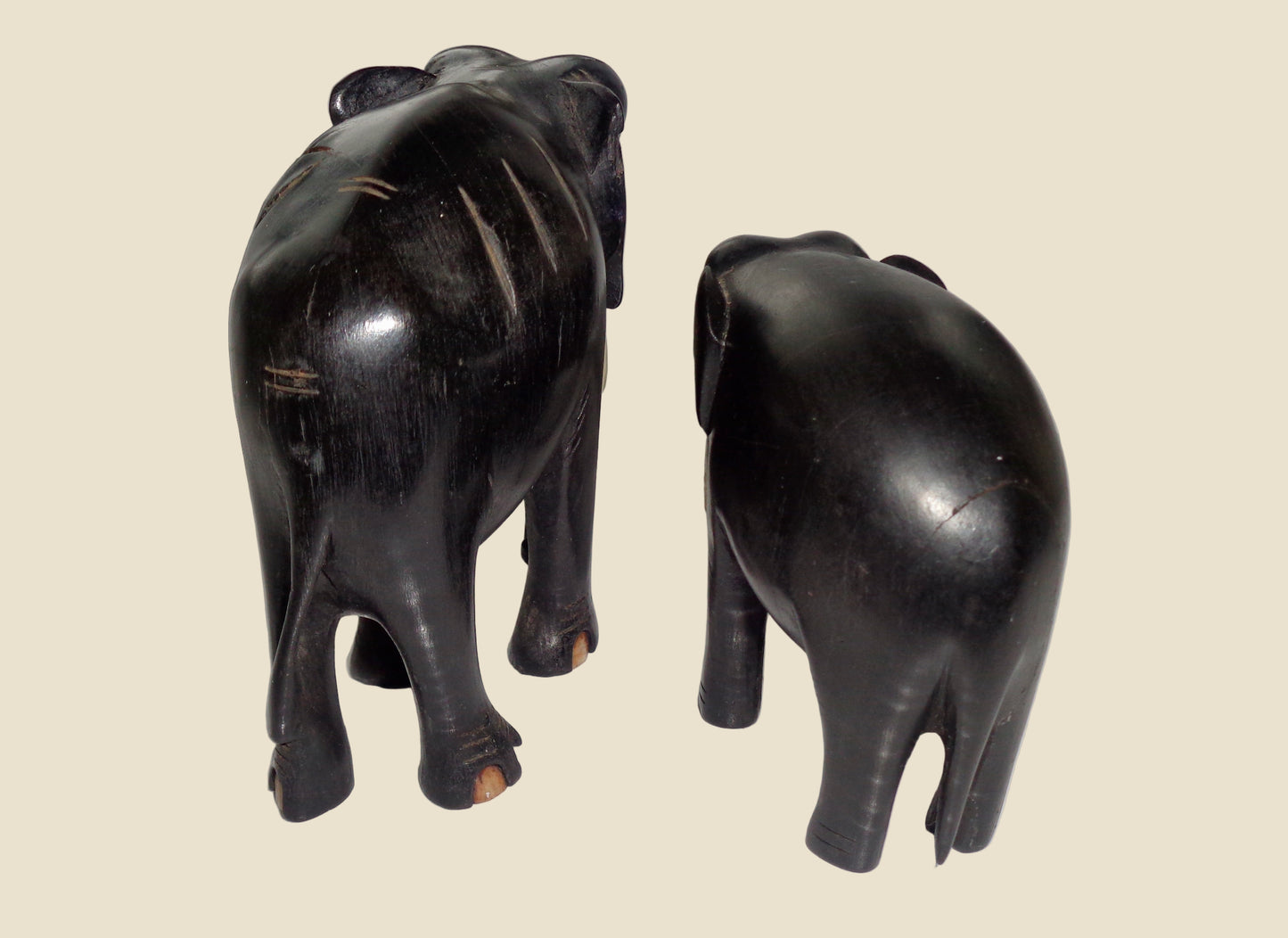 Vintage Hand Carved Hardwood Asian Elephant And Calf Figurines
