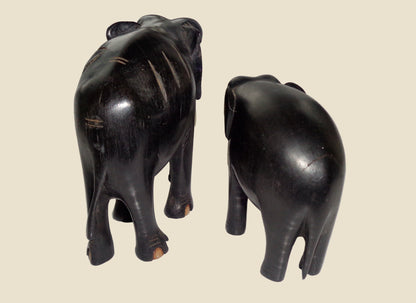Vintage Hand Carved Hardwood Asian Elephant And Calf Figurines