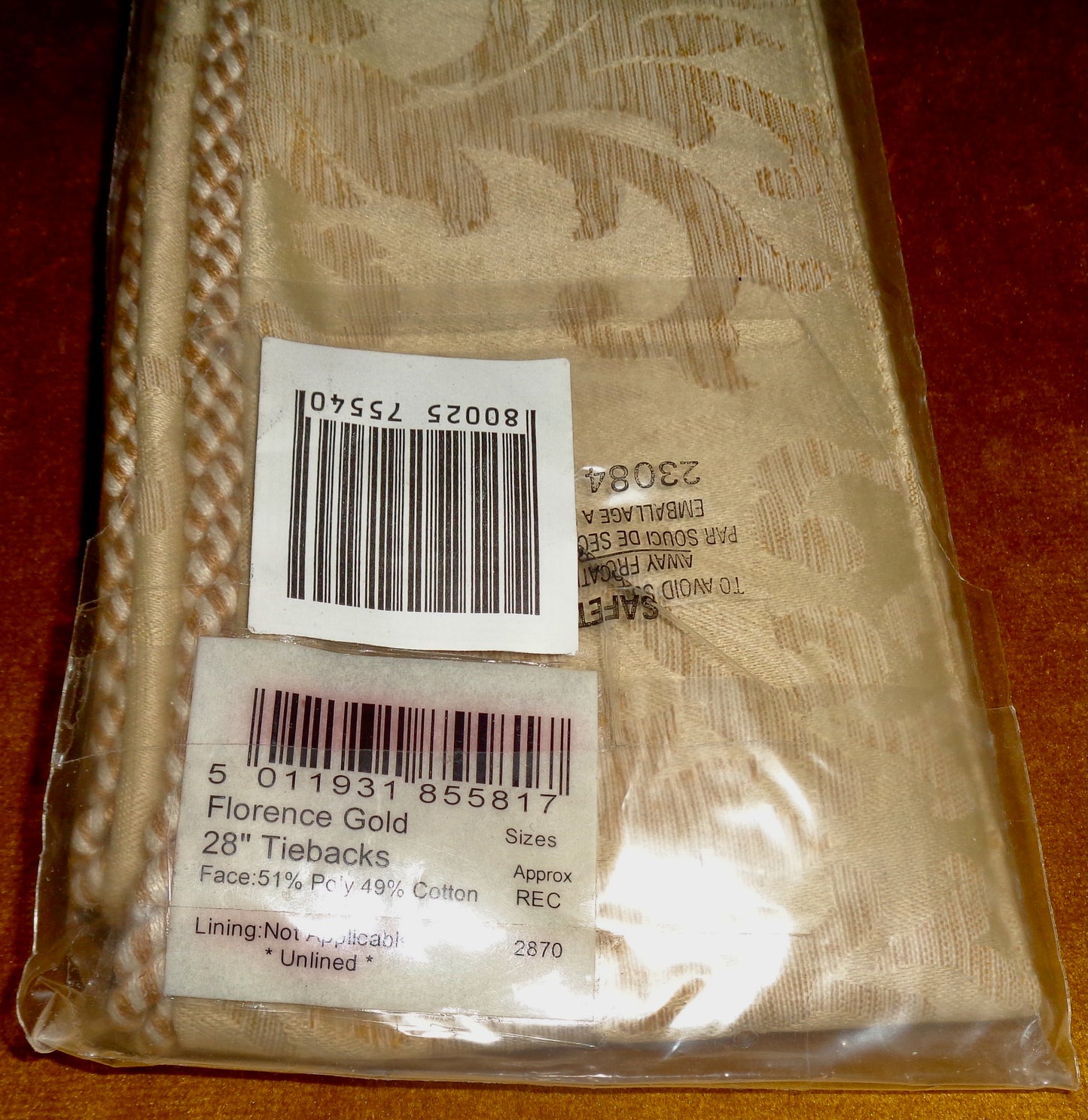 Vintage Rectella Florence Gold Jacquard Floral Tie Backs NOS