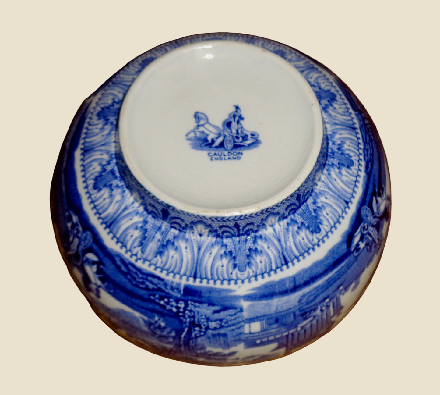 Vintage Cauldon Ware Triumphal Chariot Pottery 8 Inch Bowl With Blue And White Transfer Print