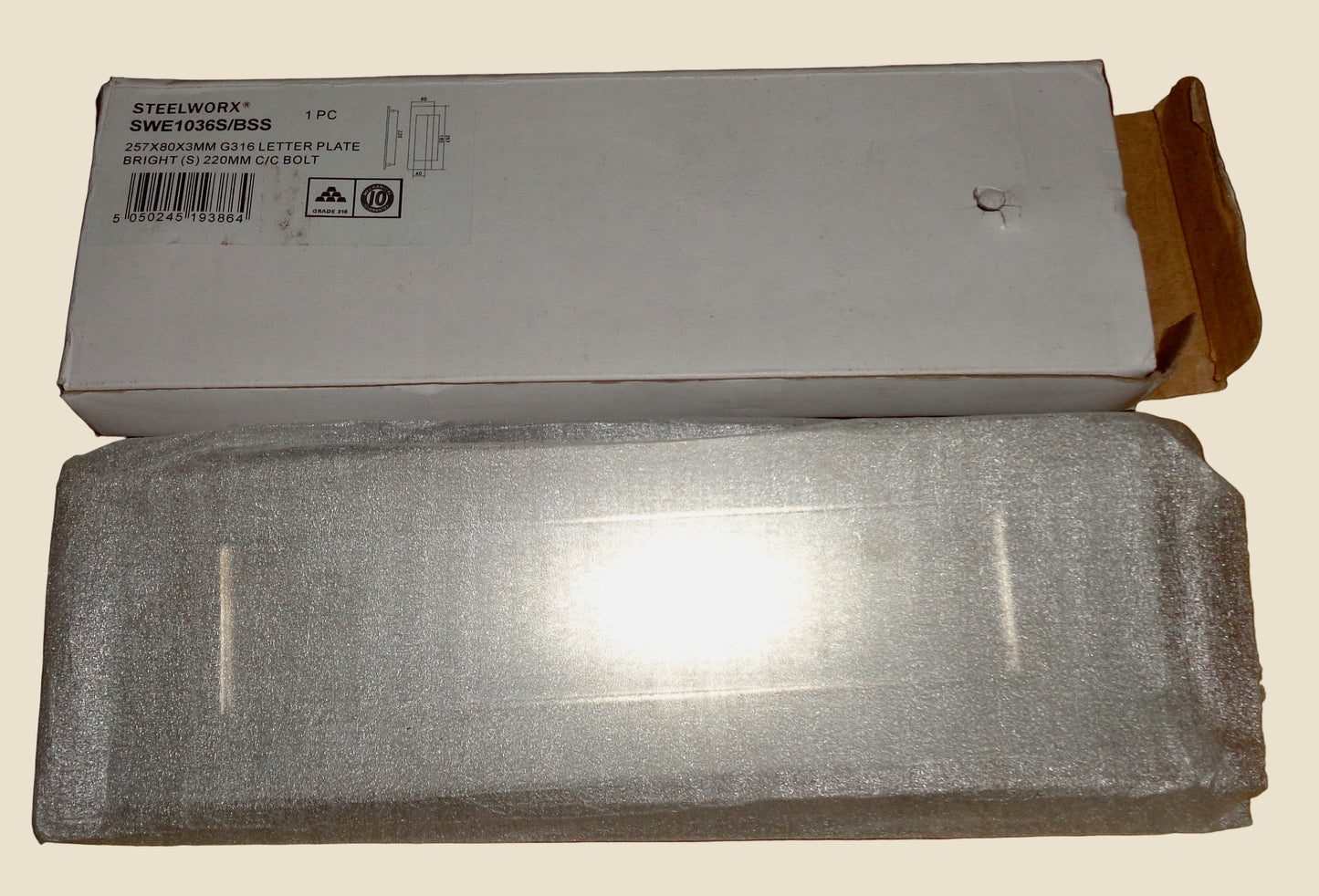 Steelworx Bright Stainless G316 Letter Plate SWE 1036S/BSS 257x80x3mm. 220mm C/C Bolt