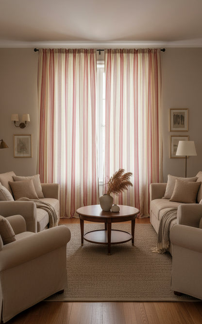 Preowned Laura Ashley Red / Beige / White Striped Pencil Pleat Curtains 87x80 Inch