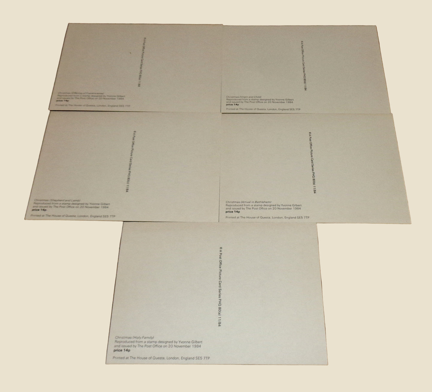 Set of Five PHQ 80 Postcards Of Christmas 1984 Stamps Designed by Yvonne Gilbert