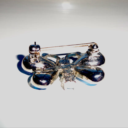 Vintage Butterfly Brooch In Silver Coloured Metal And Blue Glass Accents