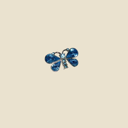 Vintage Butterfly Brooch In Silver Coloured Metal And Blue Glass Accents