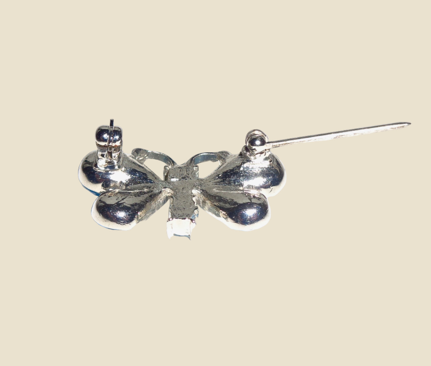 Vintage Butterfly Brooch In Silver Coloured Metal And Blue Glass Accents