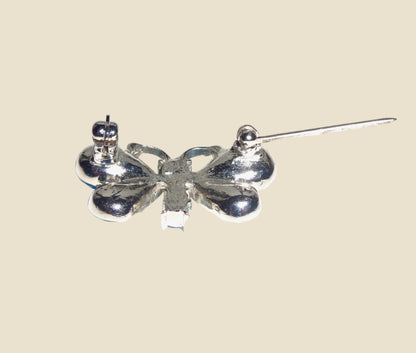 Vintage Butterfly Brooch In Silver Coloured Metal And Blue Glass Accents