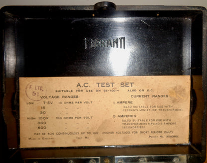 1934 CEB Ferranti AC Test Set Comprising A Voltmeter & Ammeter In A Bakelite Case