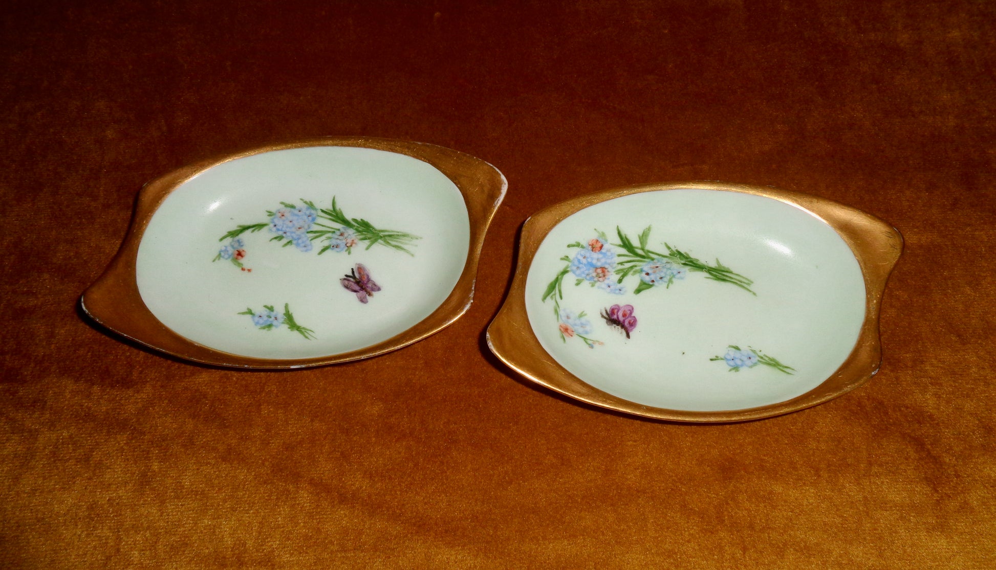 Pair of 1928 Hand Painted Gilded Floral Porcelain Pin Dishes By M McC