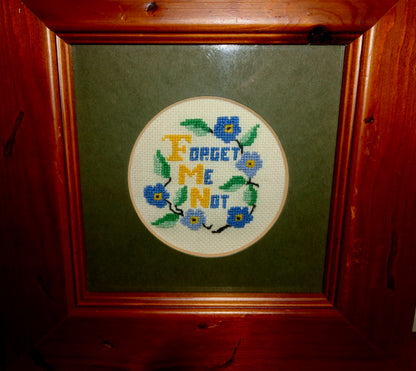 Vintage Framed Forget Me Not Cross Stitch Embroidery