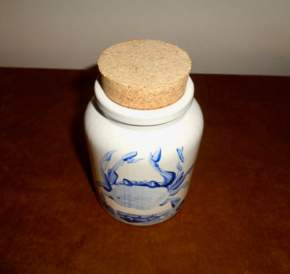 Vintage Blue and White Seaside Art Pottery Pot With Cork Stopper