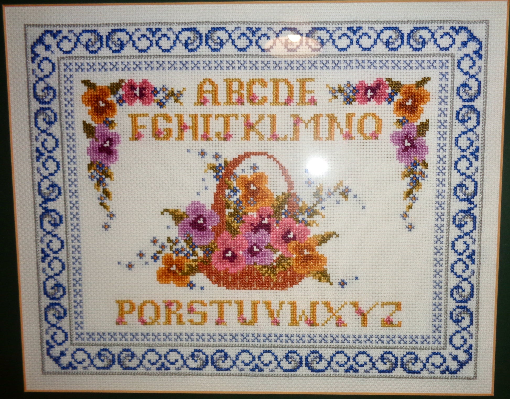 Framed Completed Floral Alphabet Cross Stitch Sampler Embroidery