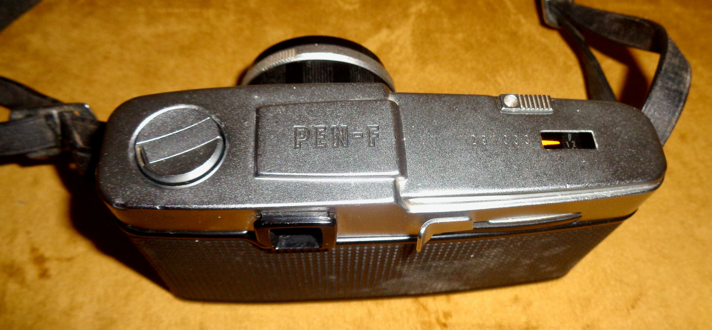 1960s Olympus PenF 35mm SLR Half Frame Camera With F Zuiko Auto-S f1.8 38mm Lens