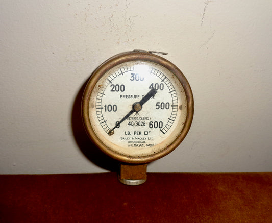 Vintage Brass Military Pressure Gauge 0-600 lb/Square Inch Made By Bailey & Mackey