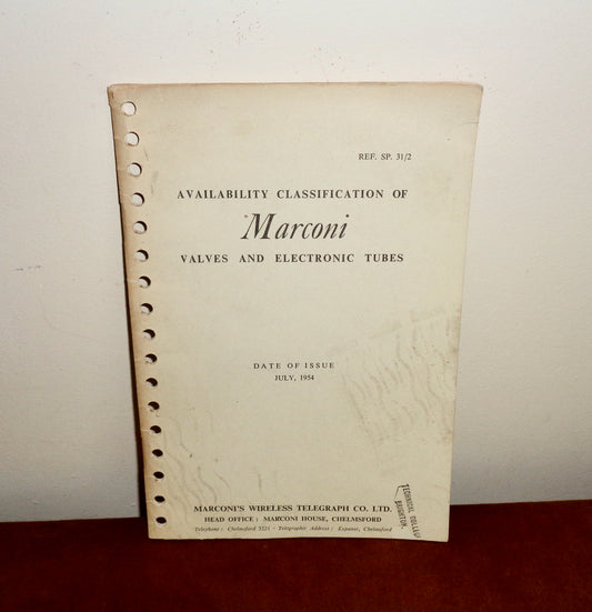 1954 Availability Classification Of Marconi Valves And Electronic Tubes Booklet