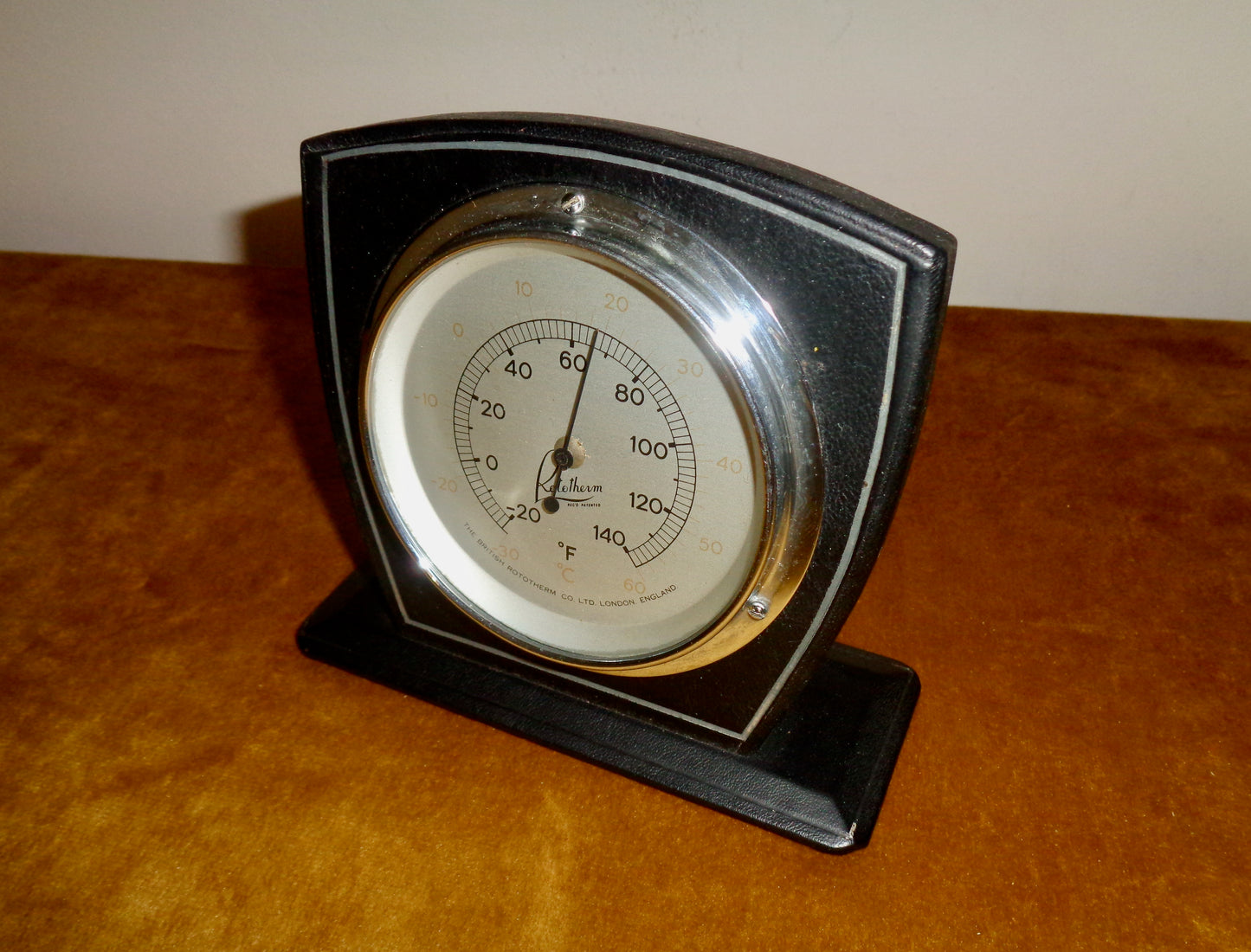 Vintage Rototherm Desk Thermometer In A Black Leather Surround