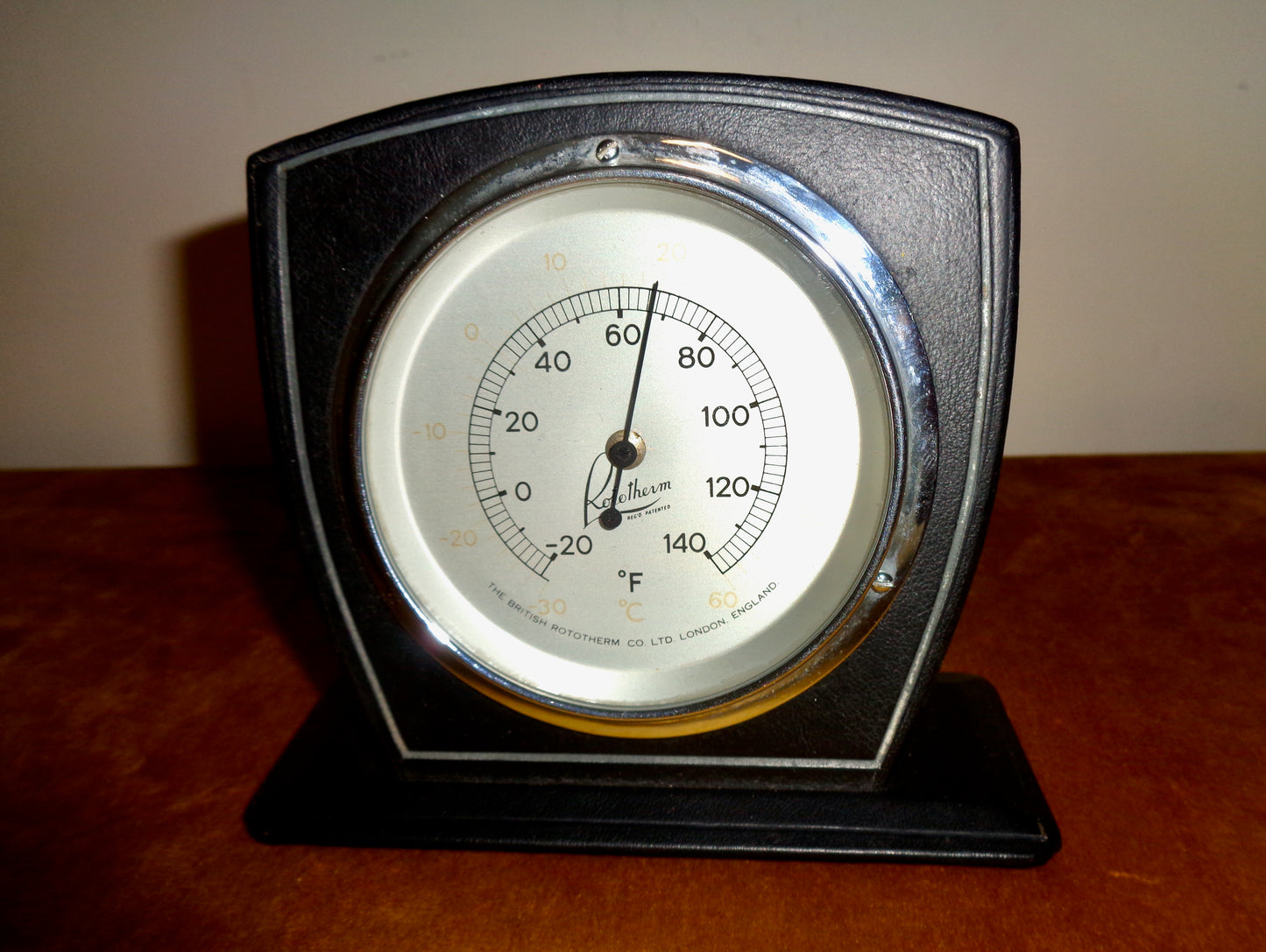 Vintage Rototherm Desk Thermometer In A Black Leather Surround