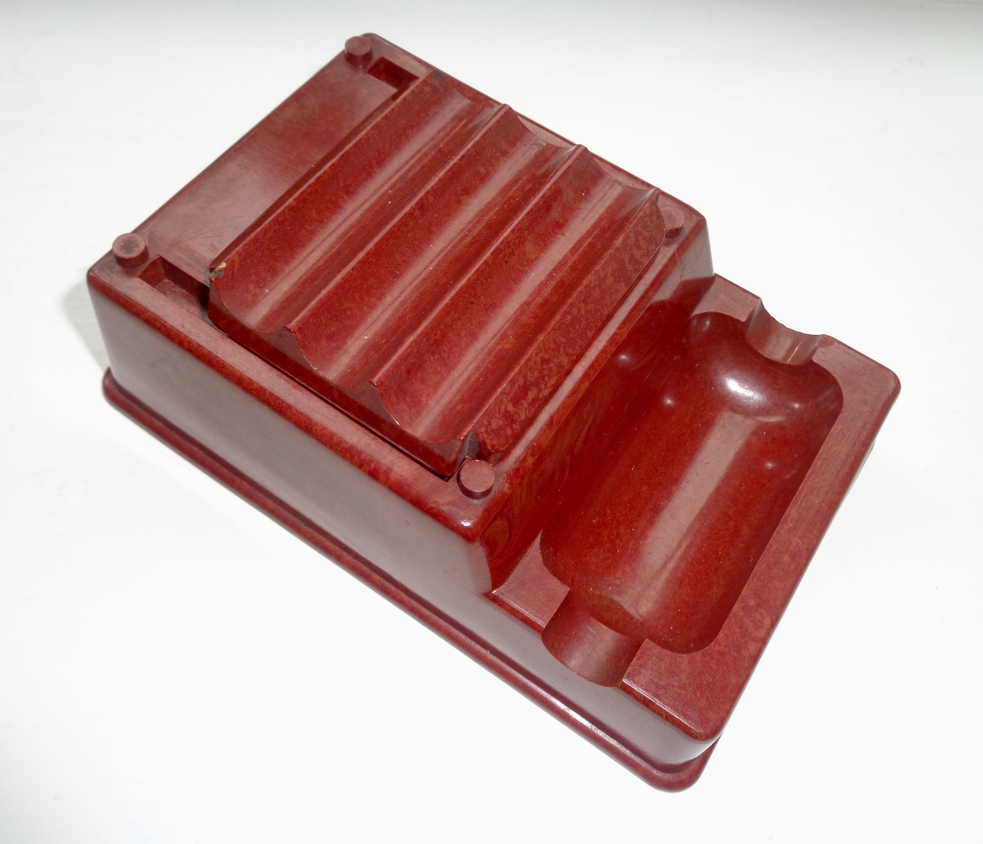 1940s Velos Shuttle Red Bakelite Office Desk Pen Tidy / Inkwell