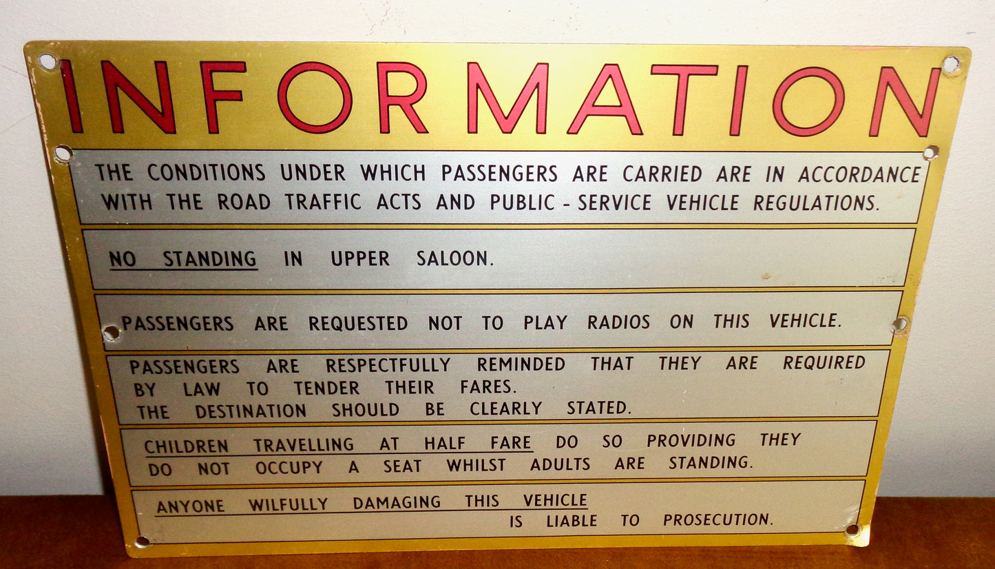 Vintage Bus Passenger Information Metal Sign