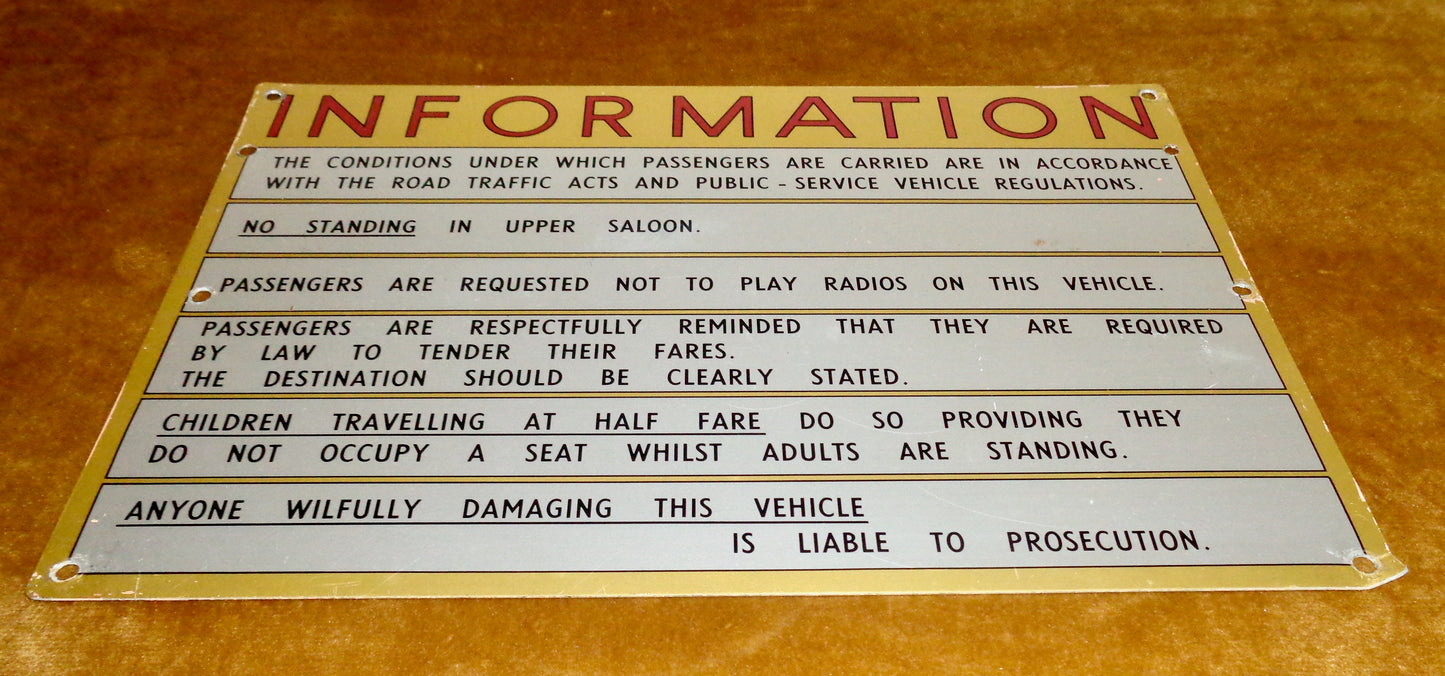 Vintage Bus Passenger Information Metal Sign