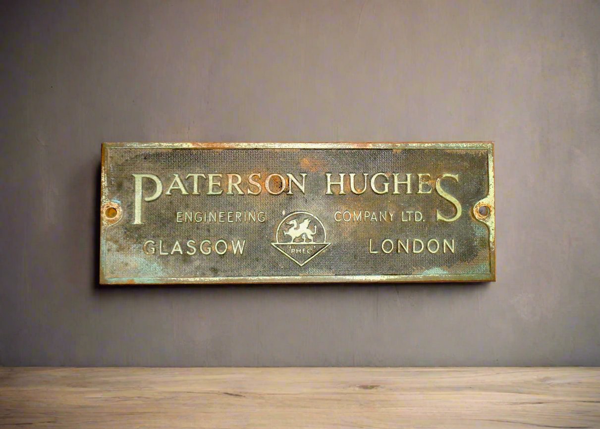 Vintage Brass Business Name Plate Of Paterson Hughes Engineering Company (PHEC) 