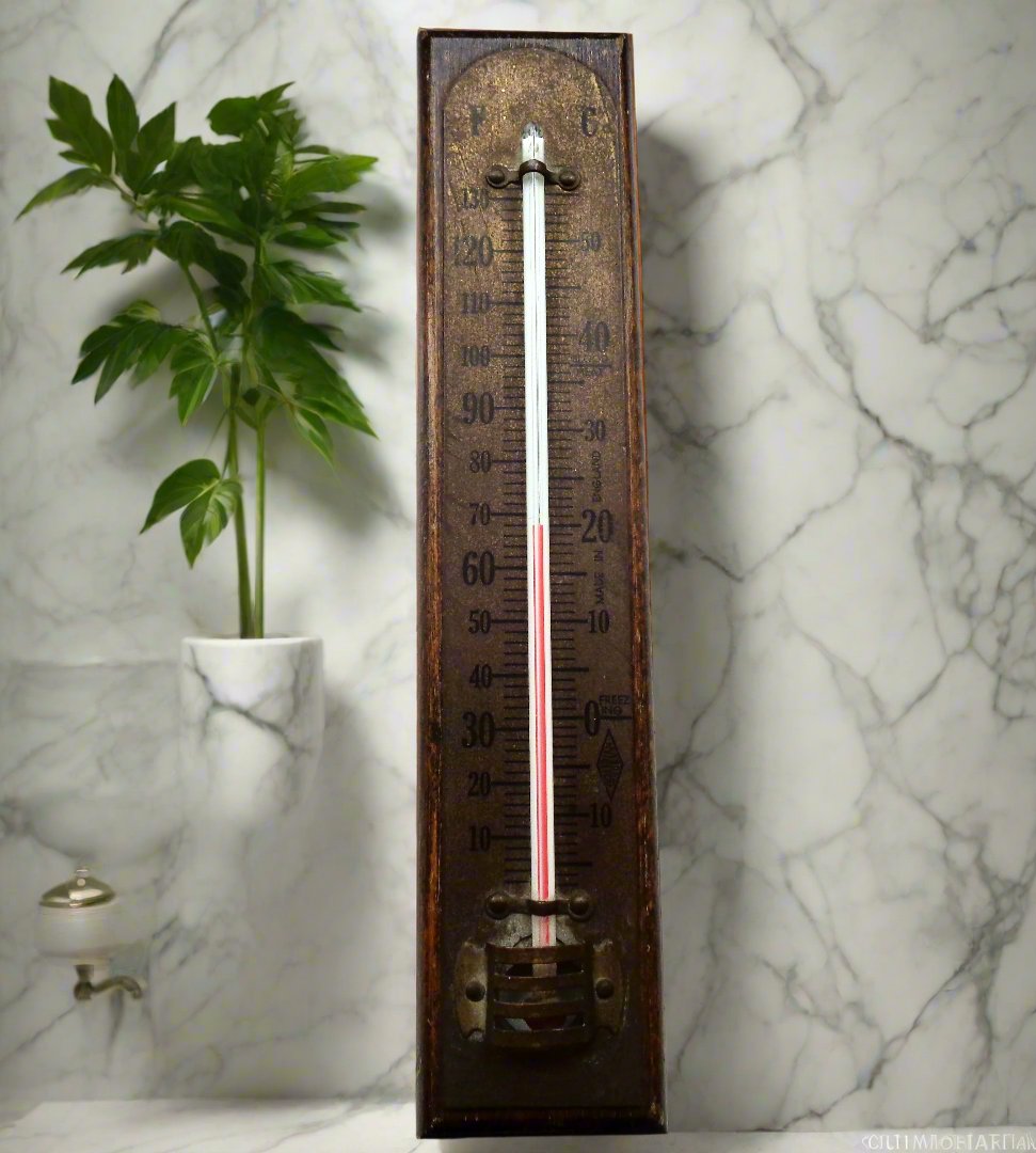 Vintage Brannan Brass Wall Hanging Thermometer Mounted on A Wooden Plinth