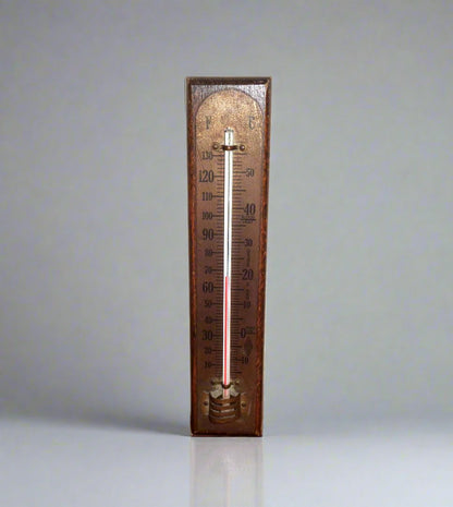 Vintage Brannan Brass Wall Hanging Thermometer Mounted on A Wooden Plinth