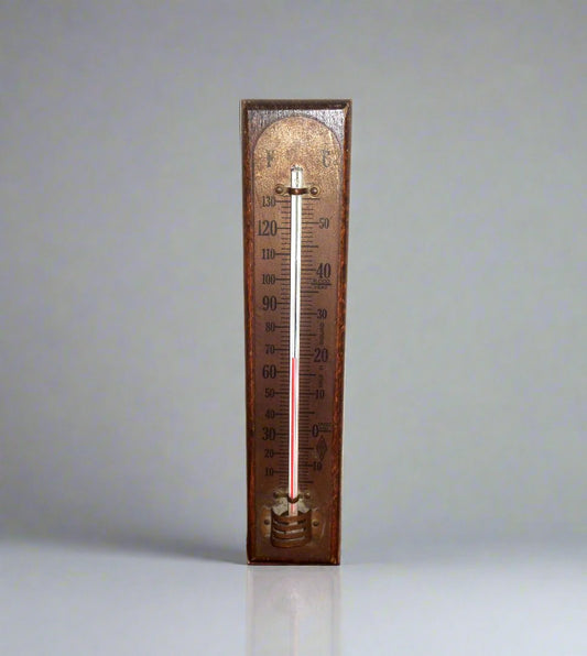 Vintage Brannan Brass Wall Hanging Thermometer Mounted on A Wooden Plinth