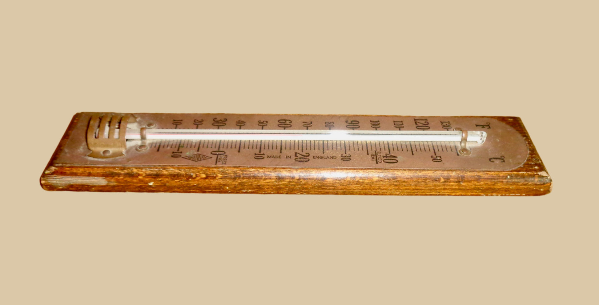 Vintage Brannan Brass Wall Hanging Thermometer Mounted on A Wooden Plinth