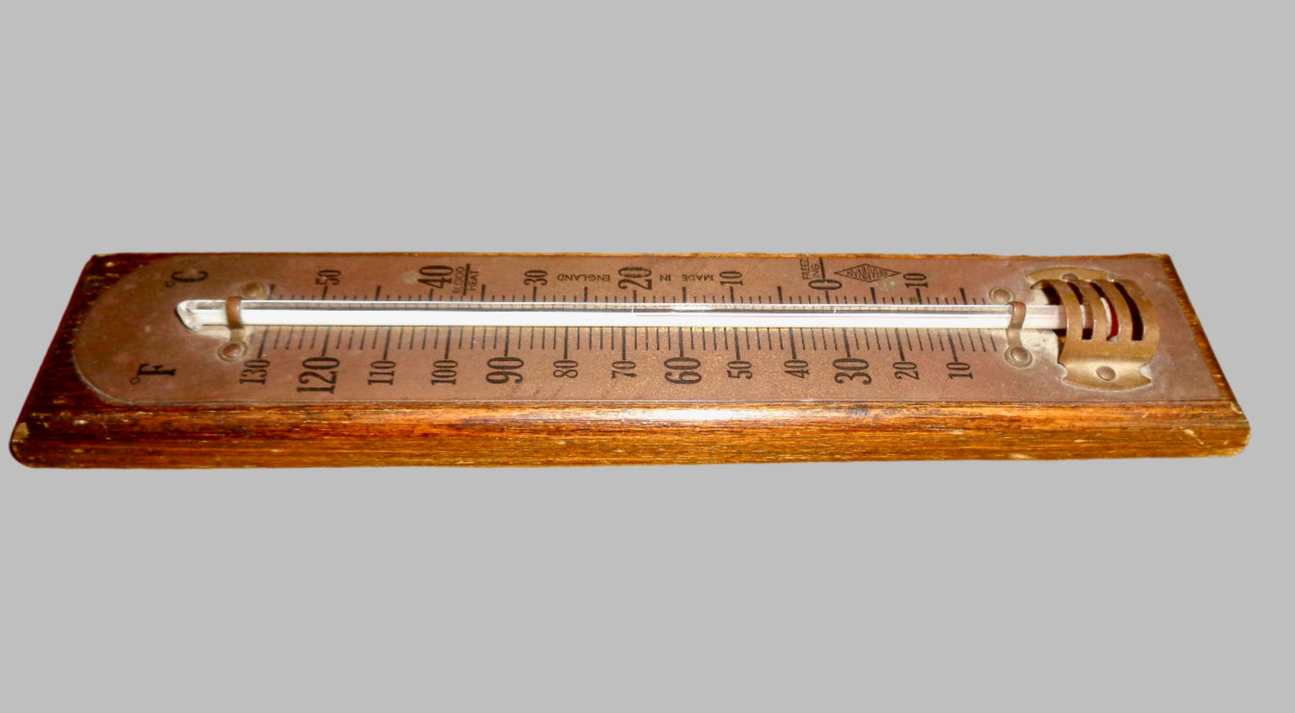 Vintage Brannan Brass Wall Hanging Thermometer Mounted on A Wooden Plinth