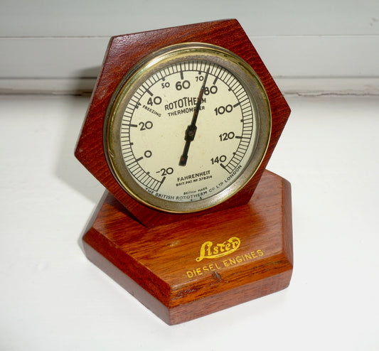 1930s Brass Rototherm Desk Thermometer In A Hexagonal Wood Surround And Plinth