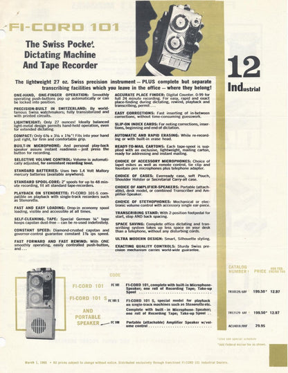 Advertisement for Swiss Pocket Dictating Machine and Tape Recorder with text and graphics on a white background.