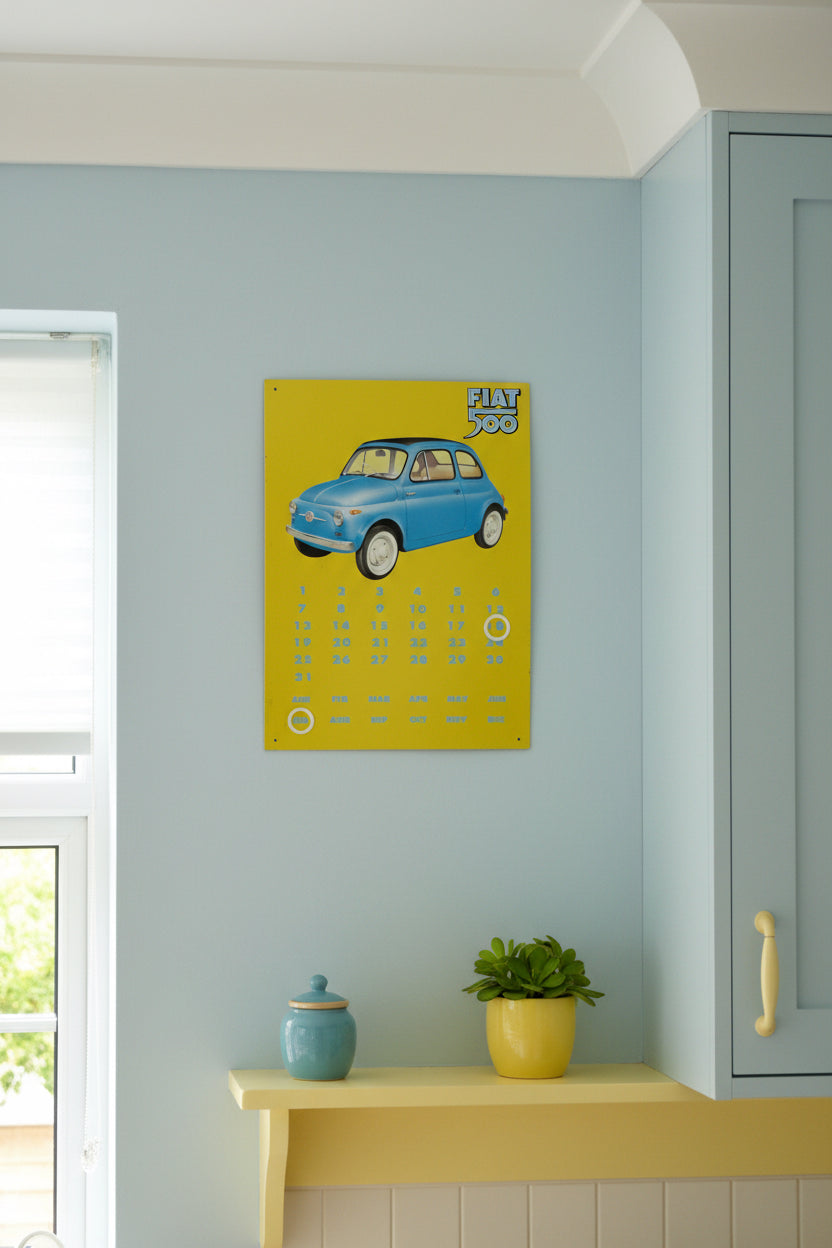 Fiat 500 Steel Sign Featuring A Perpetual Magnetic Date / Month Calendar