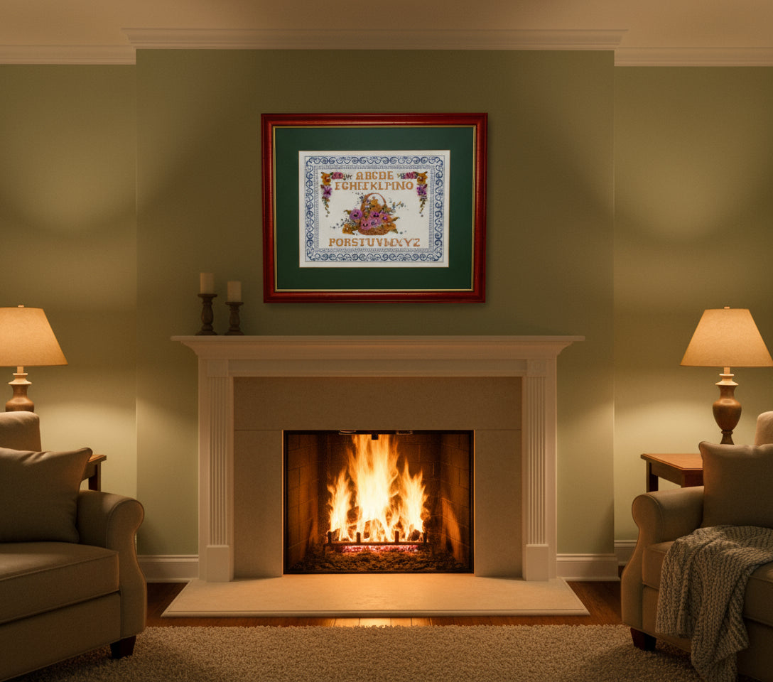 Framed Completed Floral Alphabet Cross Stitch Sampler