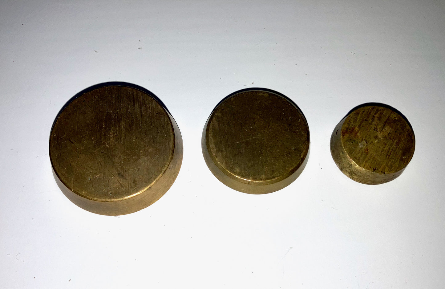 Vintage Brass Imperial Scale Weights. Set of Three: Half, One and Two ounce