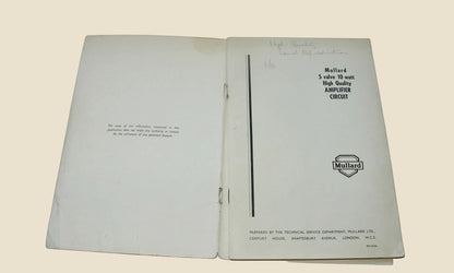 Vintage 5 Valve 10 Watt High Quality Amplifier Circuit Technical Book