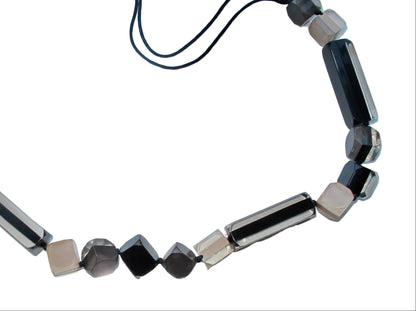Vintage Lucite Necklace With Hand knotted Geometric Shapes In Clear, Black & Brown Colours