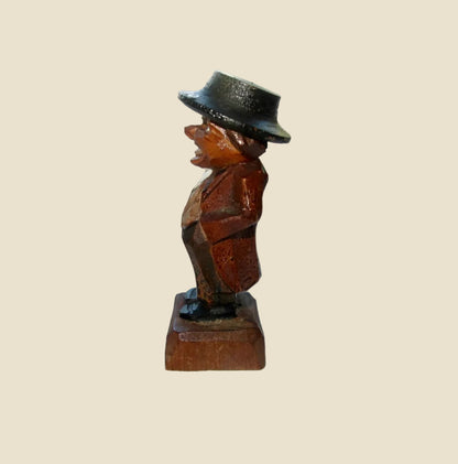 Vintage Swiss Hand Carved Wood Figure Of A Man With A Hat. Lugano Folk Art Souvenir