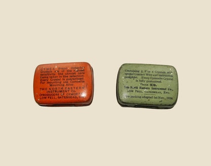 Pair of 1920s Herzite / Cymosite Radio Detector Crystal Tins With Crystals