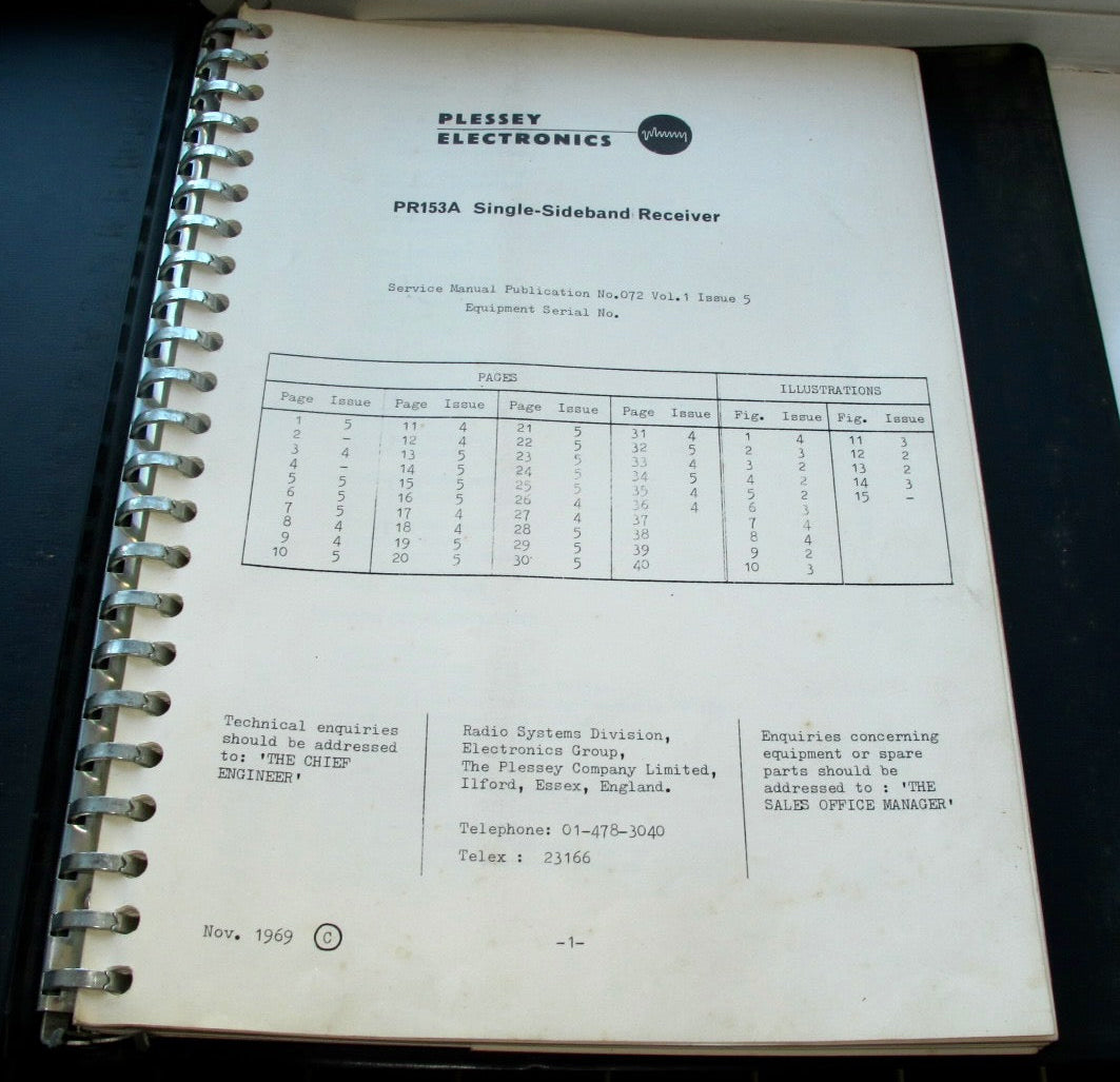 1969 Plessey Service Manual For A PR153A Single Side Band (SSB) Receiver
