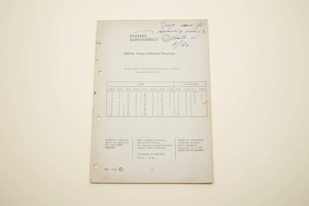 1969 Plessey Service Manual For A PR153A Single Side Band (SSB) Receiver