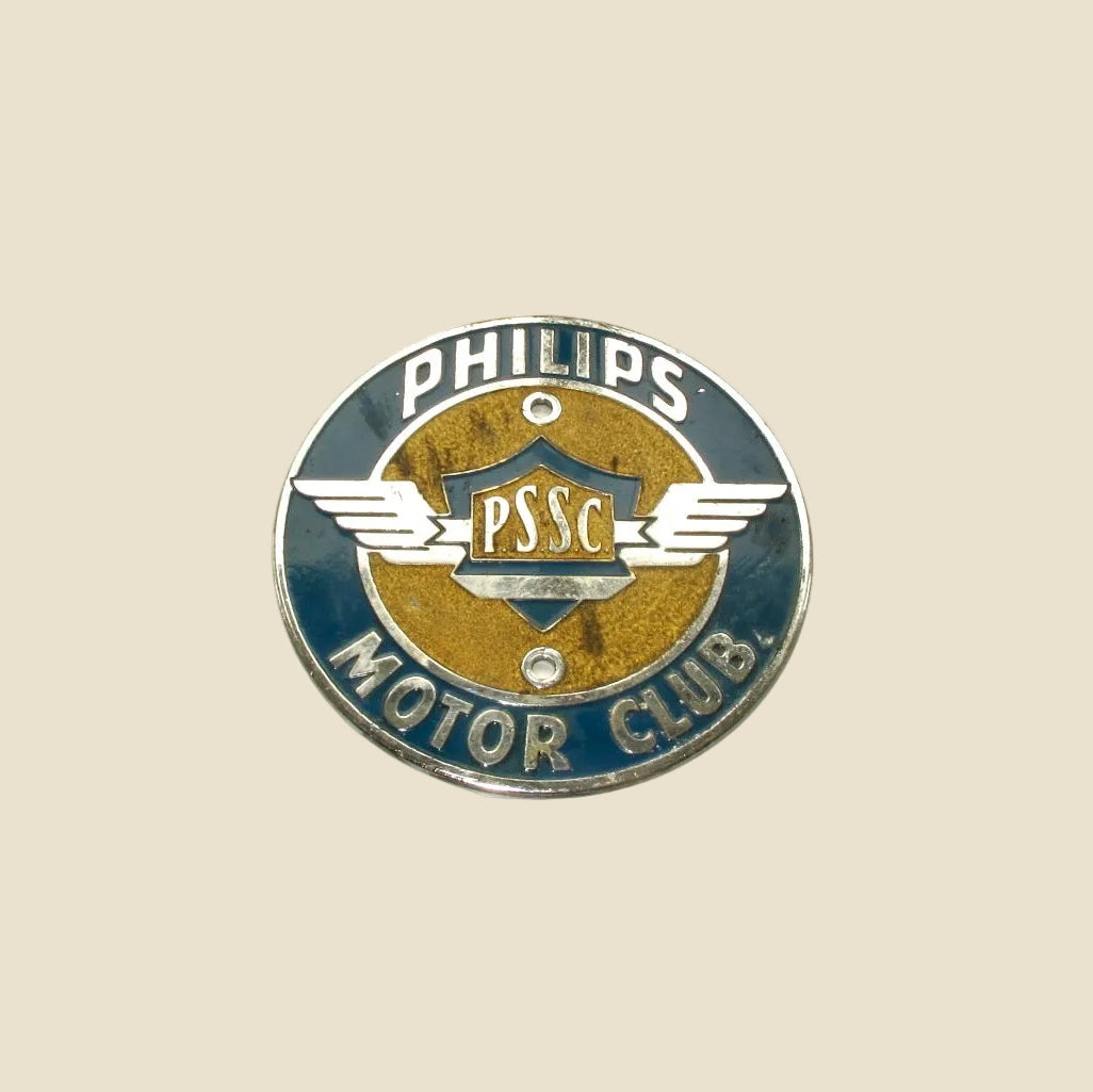 Vintage Blue Enamel and Chrome Vehicle Badge Philips Motor Club PSSC