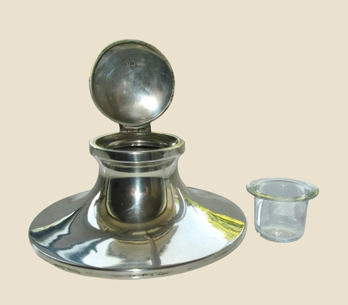 1935 Birmingham Sterling Silver Capstan Ink Well With Glass Insert And Bakelite Base